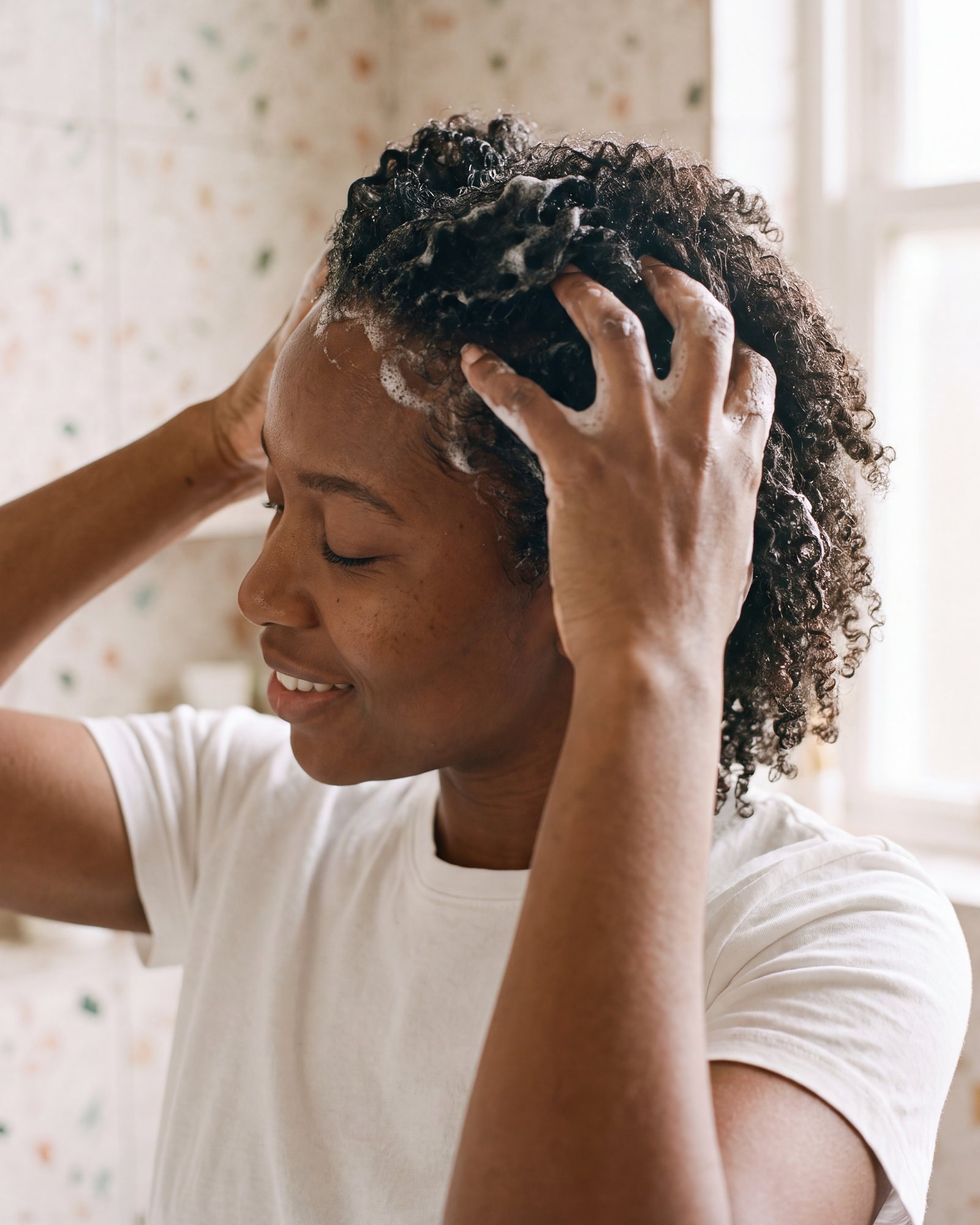 Massaging the lather into the scalp with the fingertips